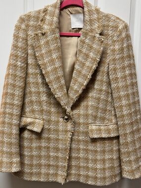 Mango Tan Plaid Boucle Blazer Jacket